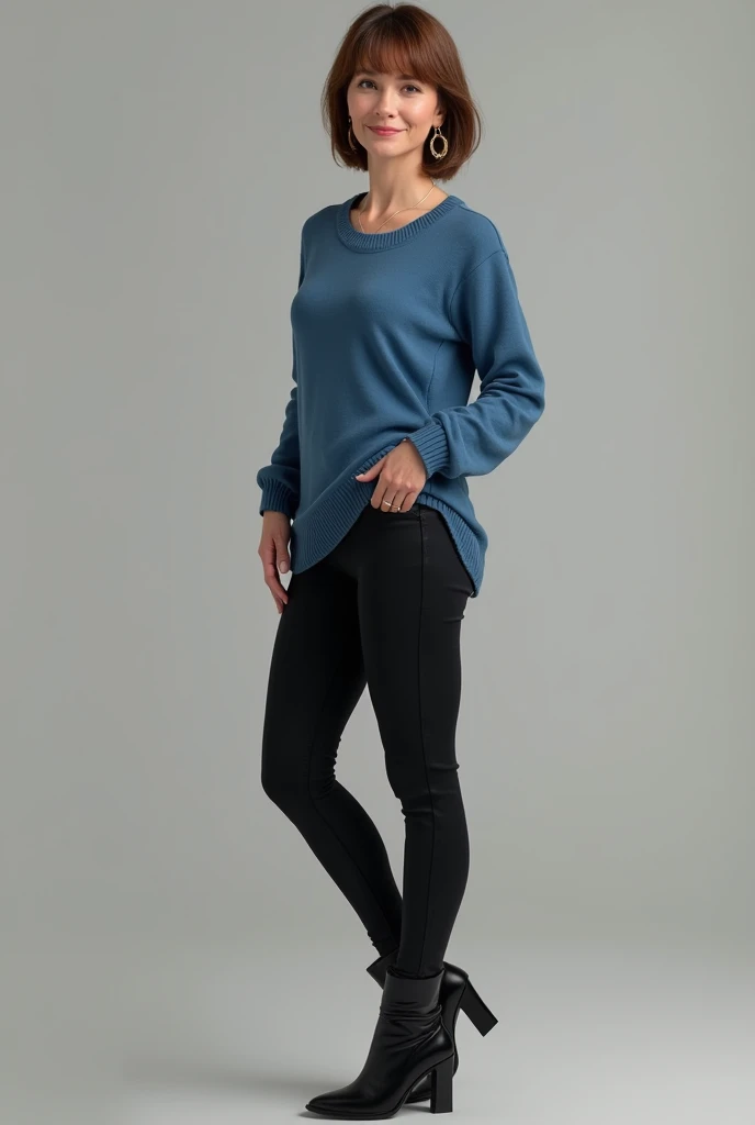 Ultra réaliste A cute and attractive woman, 40 years, short straight Brown hair, petit seins, Skinny blue sweater, black tissu leggings. Black boots Heels. Round gold earrings , gold ring