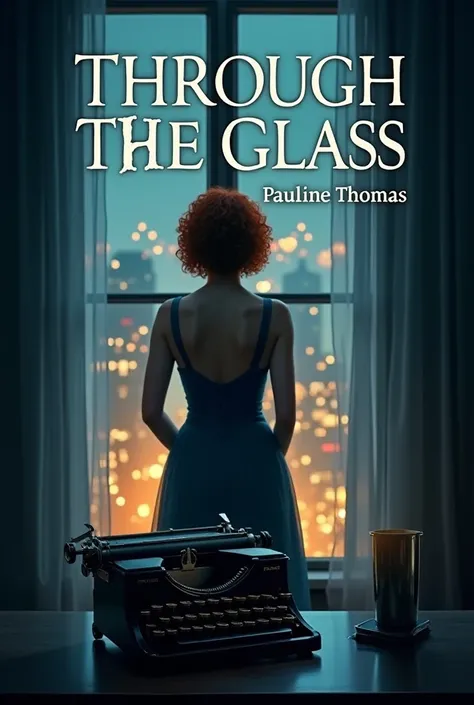 Design a visually striking front cover for a novel titled "Through The Glass" by Pauline Thomas. The cover should evoke themes of voyeurism, intimacy, and mystery. The focal point is a window with sheer curtains slightly drawn, illuminated by the warm glow...