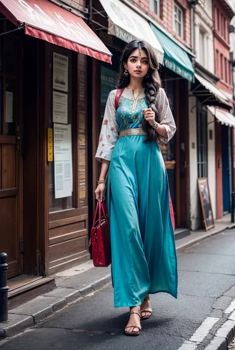 Indian girl walking in street and wearing a red blue shut salwar with log hair