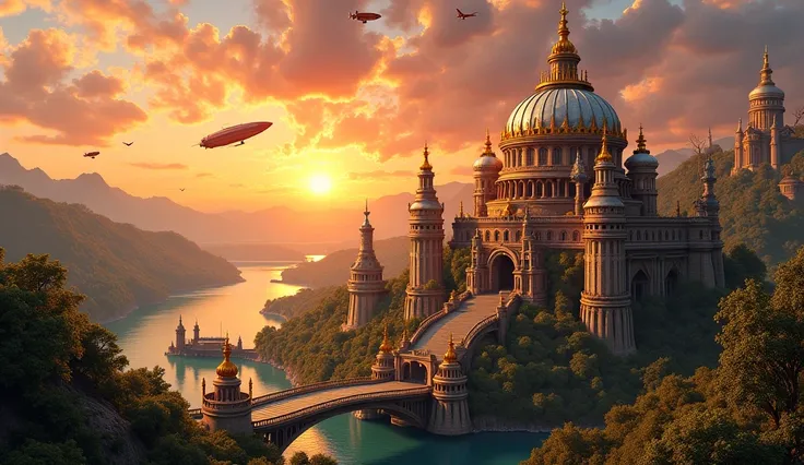 Create a fantastical steampunk landscape featuring a magnificent palace with elaborate architecture. The palace should have towering spires and domes adorned with golden accents, surrounded by lush gardens and intricate walkways. Incorporate gears and stea...