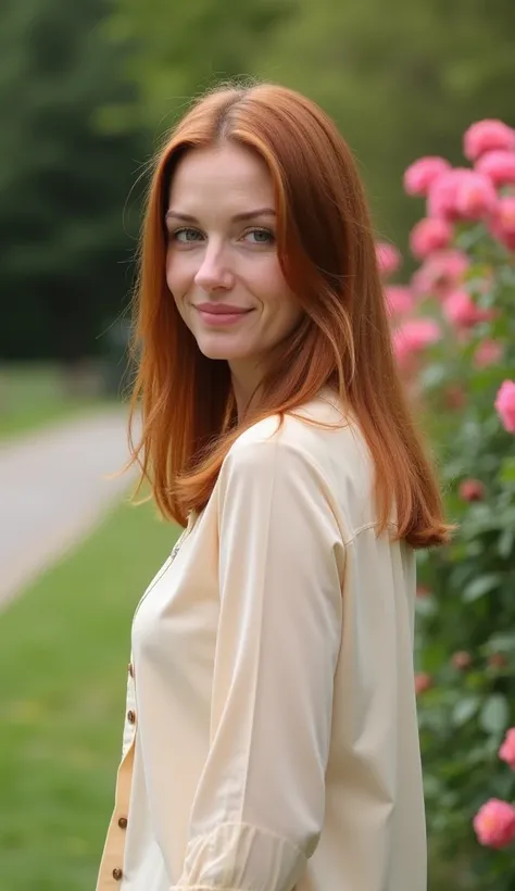 A woman, aged 38, with straight auburn hair, wearing a cream-colored blouse, walking near a blooming flower garden.