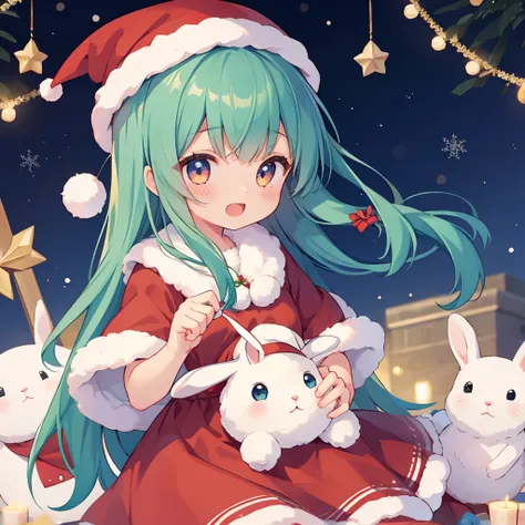  1 girl、 Christmas outfits 、holding a doll(Rabbits)