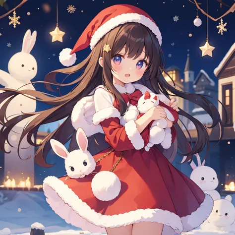  1 girl、 Christmas outfits 、holding a doll(Rabbits)