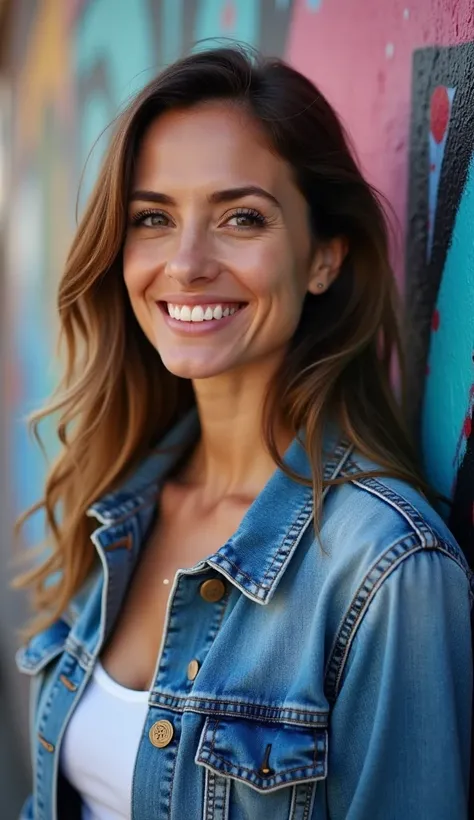 A 37-year-old woman with a warm smile, wearing a denim jacket, standing in front of a graffiti wall.