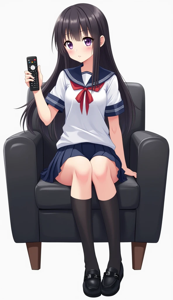 Teenage anime woman with long black hair and purple eyes and has a distinctive look in Japanese school uniforms.  She wears a white short-sleeved blouse with navy blue details and a red ribbon tied around the neck.  Her skirt is short , pleated and navy bl...