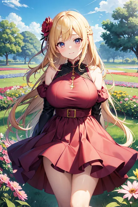 An anime girl in a dress is standing in a field of flowers,   Anime Moe Art Style , high quality  anime art style ,   Long Haired Anime Girl  ,  cute anime waifu is wearing a nice dress,  Cute Girl Anime Visual ,  anime style 4 k,  beautiful anime girl , b...