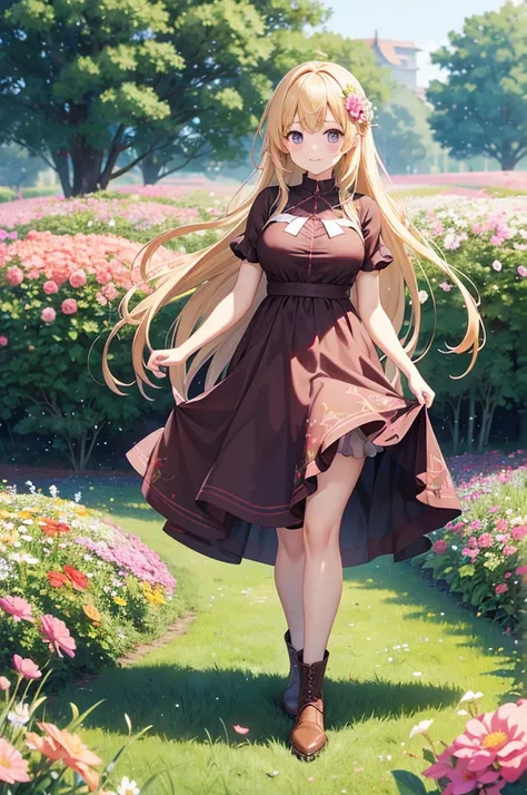 An anime girl in a dress is standing in a field of flowers,   Anime Moe Art Style , high quality  anime art style ,   Long Haired Anime Girl  ,  cute anime waifu is wearing a nice dress,  Cute Girl Anime Visual ,  anime style 4 k,  beautiful anime girl , b...