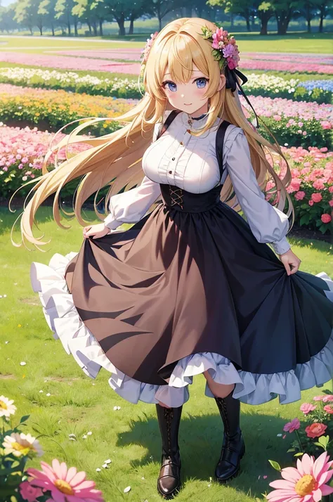 An anime girl in a dress is standing in a field of flowers,   Anime Moe Art Style , high quality  anime art style ,   Long Haired Anime Girl  ,  cute anime waifu is wearing a nice dress,  Cute Girl Anime Visual ,  anime style 4 k,  beautiful anime girl , b...