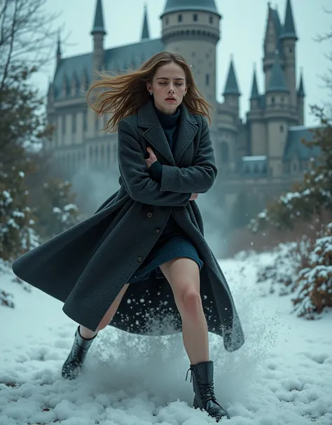 Emma Watson, Hermione Granger, adult, dark lord Voldemort sent blizzard spell at Hermione, hermione is trying to run from Voldemort but cannot match his ultimate power, woolen skirt, bare legs, griffindor coat, turtleneck, high heels, hogwarts castle garde...