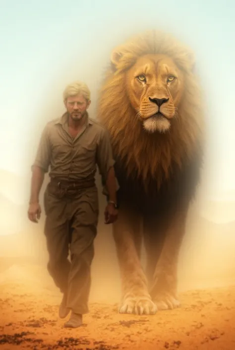 a man walks alongside a big lion