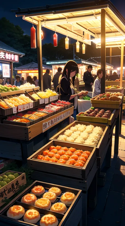 japanese country fields, festival area, food stand, takoyaki, lolipop, market, view from above, night