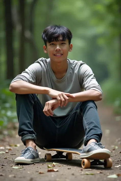 there is a young man sitting on the ground with a skateboard, a picture by Abidin Dino, unsplash, sumatraism, nivanh chanthara, in front of a forest background, thawan duchanee, around 1 , jayison devadas, mohamed chahin style, riyahd cassiem, with a cool ...