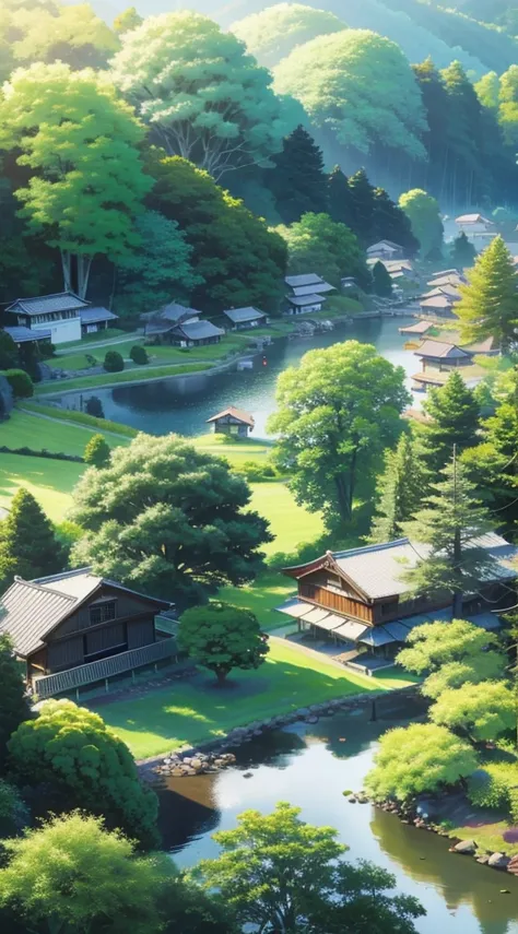 Japanese countryside, japanese village, traditional house, forest, tree, people walking, path, farmer