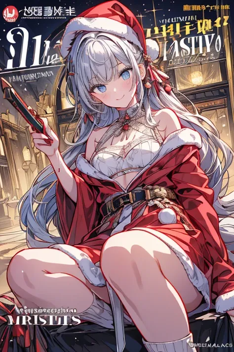 (from below:1.2),((1girl, silver hair, long hair, qutel blue eyes, beautiful eyes, pretty smile:1.5, ), ( off-shoulder dress:1.1, sweater dress,, santa hat, black tights, santa boots), (((holding ominous japanese sword:1.1 ))), ((battlescene,slashilg,killi...