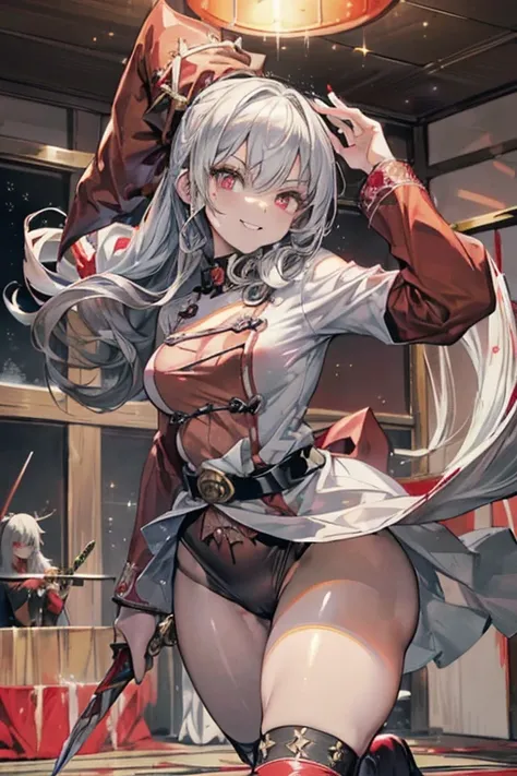 (from below:1.2),((1girl, silver hair, long hair, evil red eyes, crazy eyes, crazy smile:1.5, ), (santa clothes, santa hat, black tights, santa boots), (((holding ominous japanese sword ))), ((battlescene,slashilg,killing the mafia,blood splash)), (indoor,...