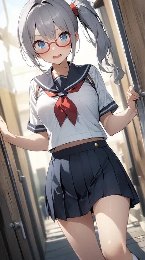 Japan、1 girl,   sommer、 school uniform、 miniskirt、textured skin , Grey Hair,   blue eyes, Wide angle,  side ponytail, red rimmed glasses、