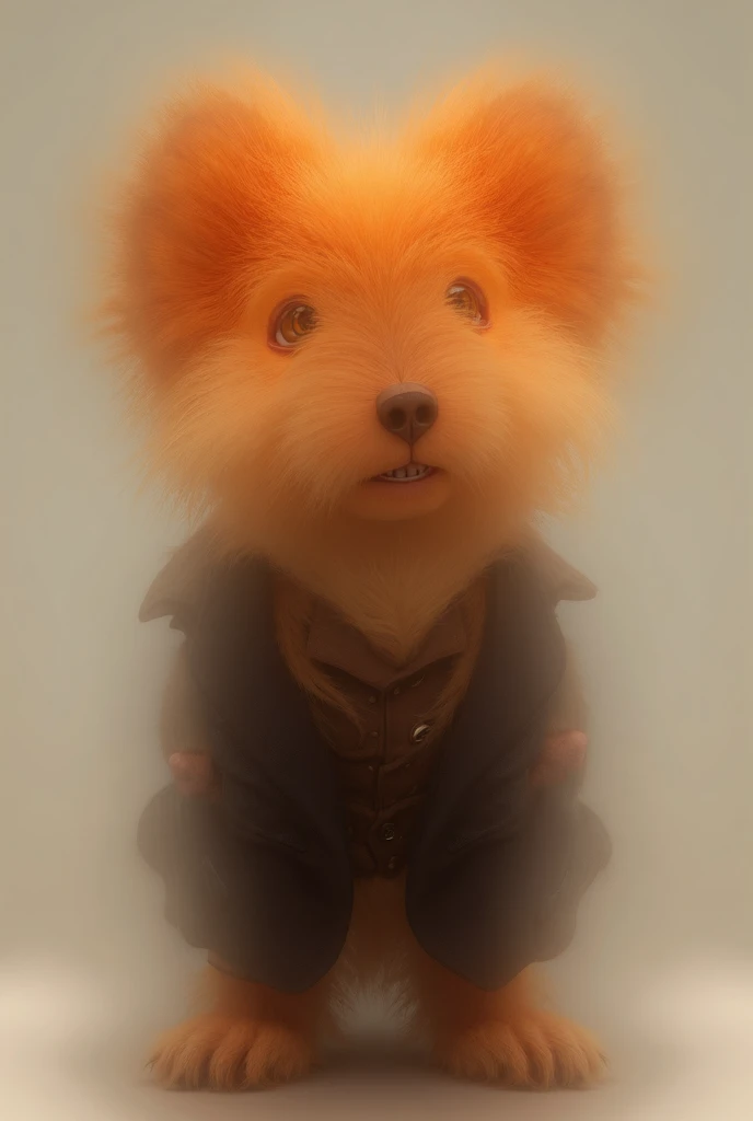  Please help me generate a picture with 3D stereoscopic feel，But dont be realistic，Cartoon-like。 The main character of the picture is an anthropomorphic puppy ，Gender Man ，Wearing a suit 、Performance Costumes。The puppys hair is thick ， pupil color Brown ， ...