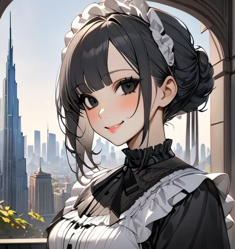    1 girl,  black hair,  black eyes,  girl、wearing a white gothic lolita dress,With the city as a background,masterpiece,  high definition , accurate,  Anatomically Correct ,  top quality,  textured skin,  very detailed, 
Character portrait, tall slender w...