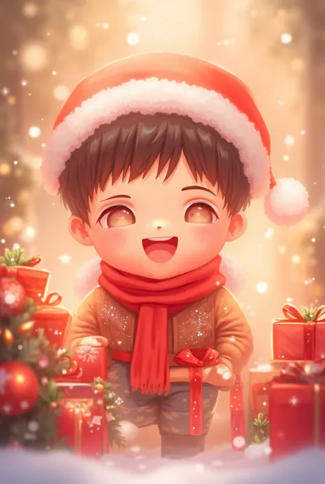 A chibi anime boy with a cheerful smile, wearing a red Santa hat with fluffy white trim, a festive winter sweater, and cozy scarf. He is surrounded by colorful, neatly wrapped Christmas presents with sparkling ribbons. The background features a warm holida...