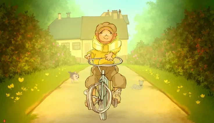 "Depict the young boy seated on the bicycle for the first time in a cartoon-style illustration. He grips the handlebars tightly, his face showing a mix of nervousness and excitement. The background features a peaceful village road, lined with small houses,...