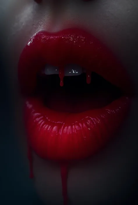 A close-up, macro shot of full, open lips,demonic  glossy red lip gloss,red The blood is draining, revealing a row of white sharp teeth.realistic,black fantasy