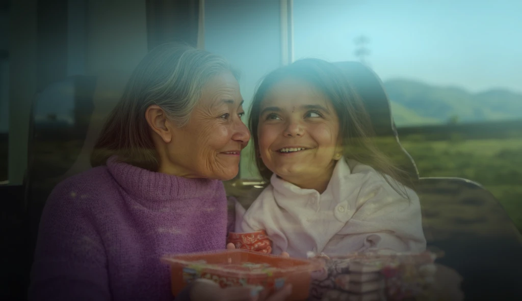 This image depicts a warm and heartfelt scene:
 • Inside the train cabin: An elderly Asian mother, approximately 70 years old, is wearing a purple sweater and smiling warmly as she holds a lunchbox. Sitting beside her is her middle-aged daughter, around 40...