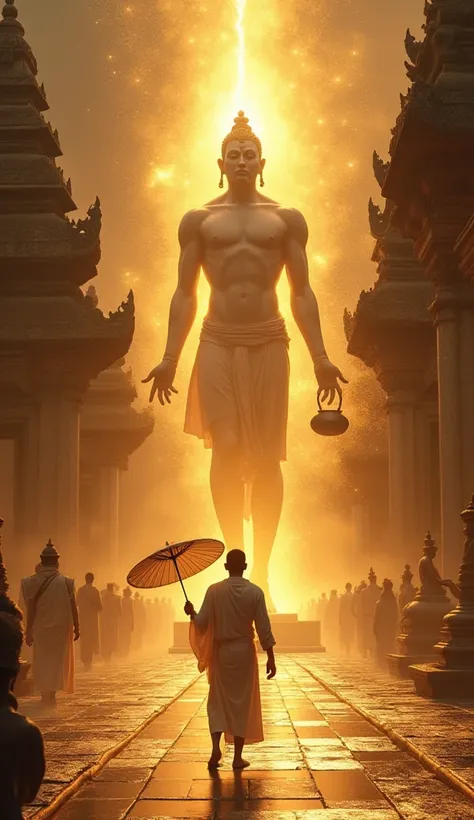 A Vamana (dwarf Brahmin) figure, wearing simple white robes, holding a glowing parasol in one hand and a water pot in the other. His form radiates divine power as he grows into an enormous, cosmic figure, his foot stretching to the heavens. The background ...