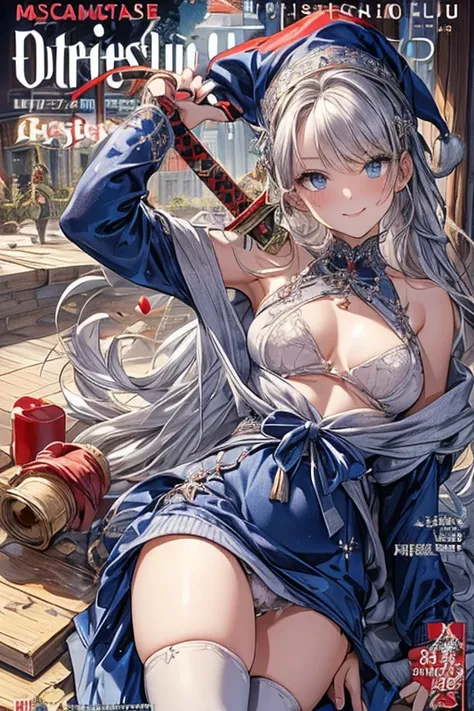 (from below:1.2),((1girl, silver hair, long hair, qutel blue eyes, beautiful eyes, pretty smile:1.5, ), ( off-shoulder dress, sweater dress,, santa hat, black tights, santa boots), (((holding ominous japanese sword:1.1 ))), ((battlescene,slashilg,killing t...