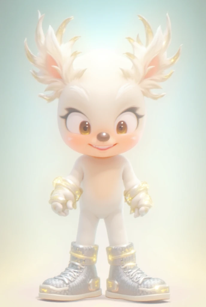 "A 2D cartoon boy inspired by Schomburgks deer, designed in the art style of Sonic the Hedgehog. The character has soft, platinum-colored fur and diamond-like antlers that sparkle gently, giving him a magical and youthful charm. His facial expression is br...