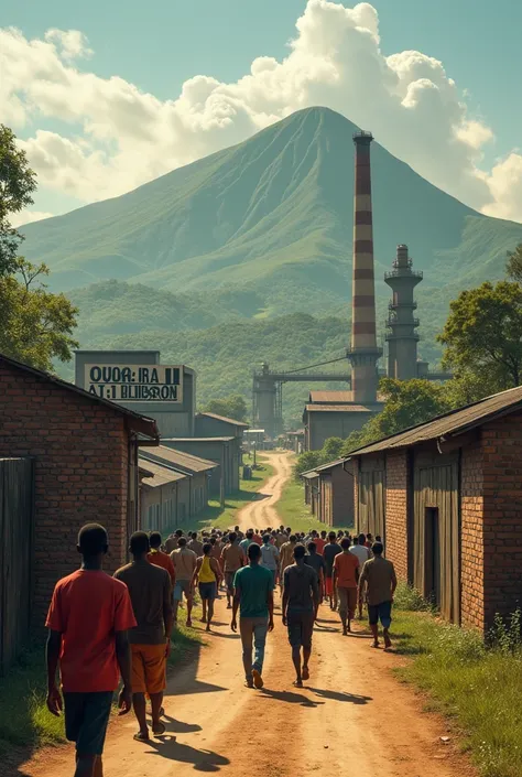 Factory manufacturer of Cigarettes based in Ivory Coast with men and  a lot of women walking to a montain and passing through a sing with text "ON BARA 1,1 Billions"