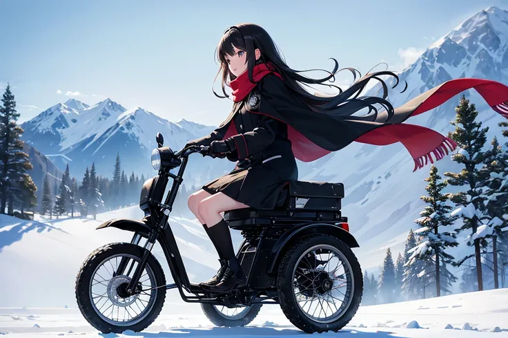 High image quality, high resolution, smooth gradation, vivid colors, Snowy field, sparse trees, girl on a three-wheeled buggy, racing along scattering snow, a scarf, a black cloak, a black student uniform, black stockings, black lace-up shoes, black hair, ...