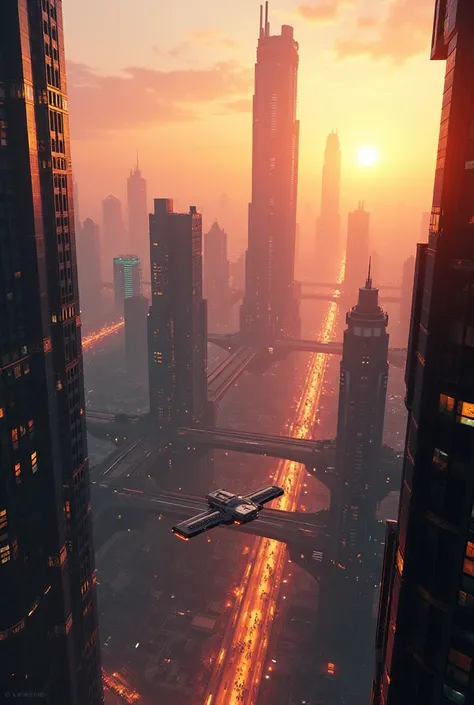 A cyberpunk metropolis at sunset ,  with flying cars and skyscrapers in the background,  realistic style, birds eye view 