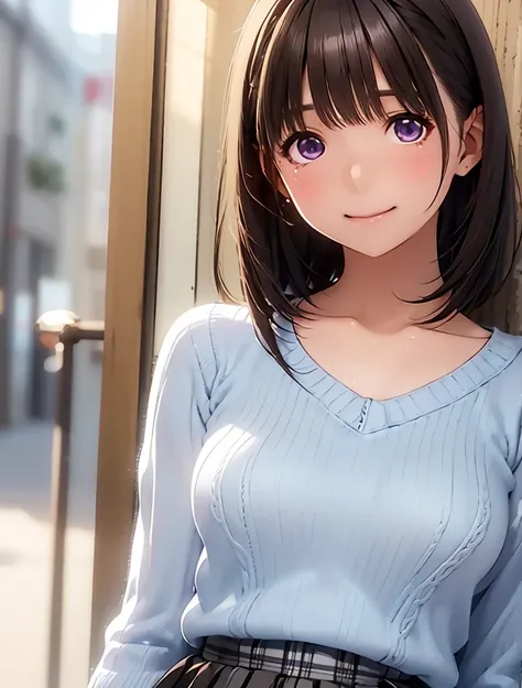 High resolution,In 8K,Best Quality,detailed,Semi-realistic anime,Anime 3D Style,Smooth anime CG,One Girl,One Japanese woman,slim,Modeled,Shiny brown hair,Short Bob,detailedな顔,Beautiful and detailed,Glowing Skin,(((Black elbow-sleeve knit top))),(Light blue...