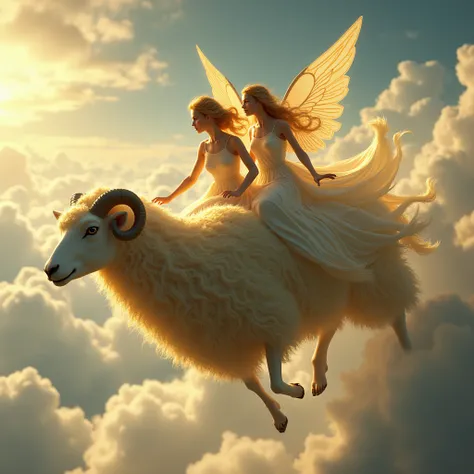 Plixos and Helle flying in the sky on a sheep of golden wool