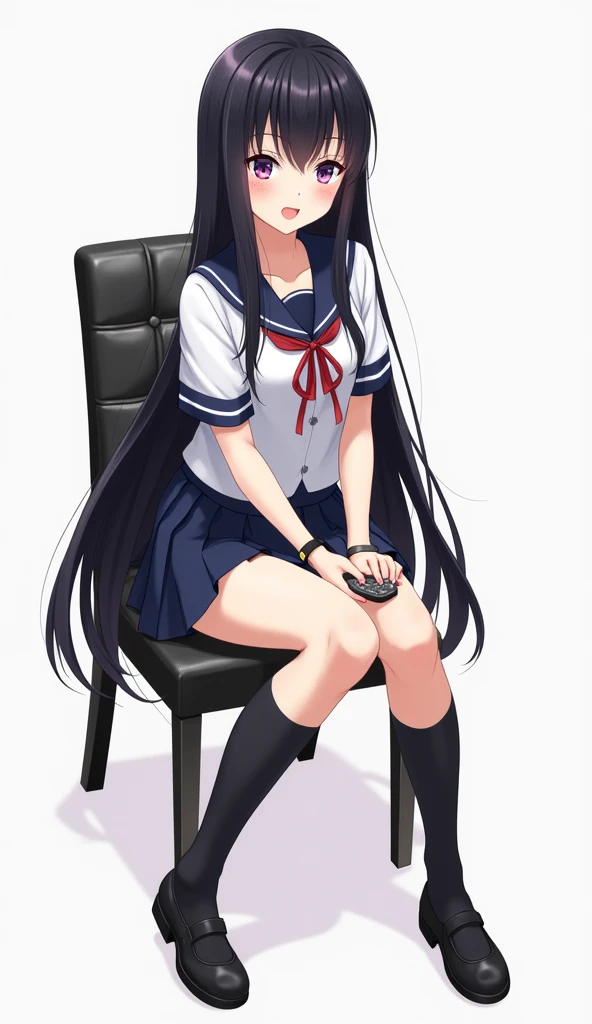 Teenage anime woman with long black hair and purple eyes and has a distinctive look in Japanese school uniforms.  She wears a white short-sleeved blouse with navy blue details and a red ribbon tied around the neck.  Her skirt is short , pleated and navy bl...