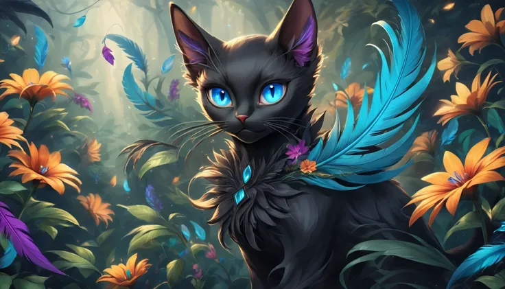   black cat、  blue eyes 、Feather、flower、 fantasy