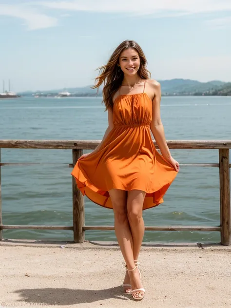 (((Perfect Anatomy))), top quality, masterpiece, there is a 25 year old woman, fair skin, flash orange dress: 1.5, high heels, long legs: 1.5, bright and beautiful, high waist, brown wavy long hair, full body image, smile, happy expression waiting for her ...