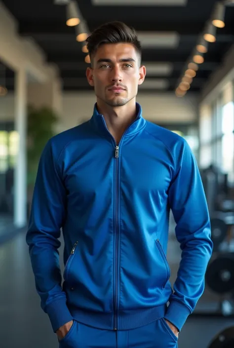 "Create a high-quality, realistic portrait of a young man aged 23, standing in a gym. He is wearing a sporty outfit consisting of a blue athletic jacket and matching track pants. He has a confident and energetic expression, with his hands casually tucked i...