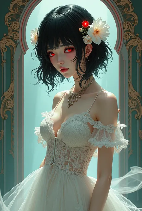 Black Hair, White women, Red Eyes,  white lace dress , (( Best Quality )), ((masterpiece)), ( detailed), Cyberpunk mecha Japanese girl,  Surrealism, Art Nouveau ,  illustration style using Morbius illustration style , ethereal,  medium chest , Rift, 