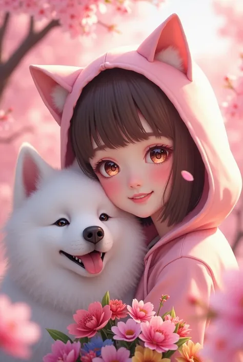 Cherry blossoms in full bloom　Japanese actress, beautiful woman, cute woman with brown bob cut hair and pink cat ear hood　A white Samoyed dog next to her is holding a bouquet of flowers 