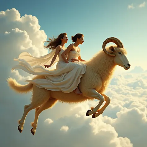 A young man and woman from Greek mythology flying in the sky riding a golden woolly sheep