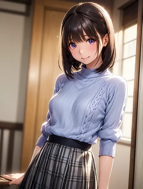 High resolution,In 8K,Best Quality,detailed,Semi-realistic anime,Anime 3D Style,Smooth anime CG,One Girl,One Japanese woman,slim,Modeled,Shiny brown hair,Short Bob,detailedな顔,Beautiful and detailed,Glowing Skin,(((Black elbow-sleeve knit top))),(Light blue...