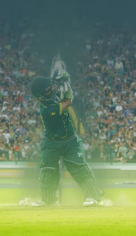 A left-handed batsman in a Pakistan cricket kit takes a powerful swing at an Australia bowler, sending the ball soaring over the leg side for a massive six. The crowd in the stadium erupts in deafening cheers, with fans waving flags and celebrating the exh...