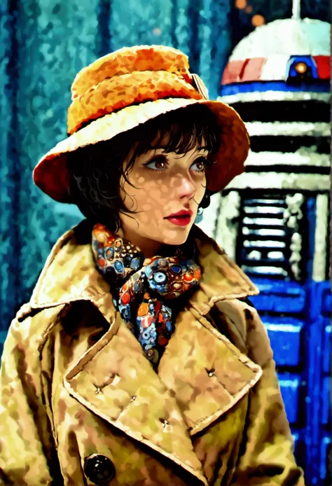 A cute woman in a plain brown trench coat and a colorful scarf (she is in the role of the fourth doctor Who), she is arrogantly speaking to a Dalek, 1970s sci fi alien world set,blue Tardis in corner
