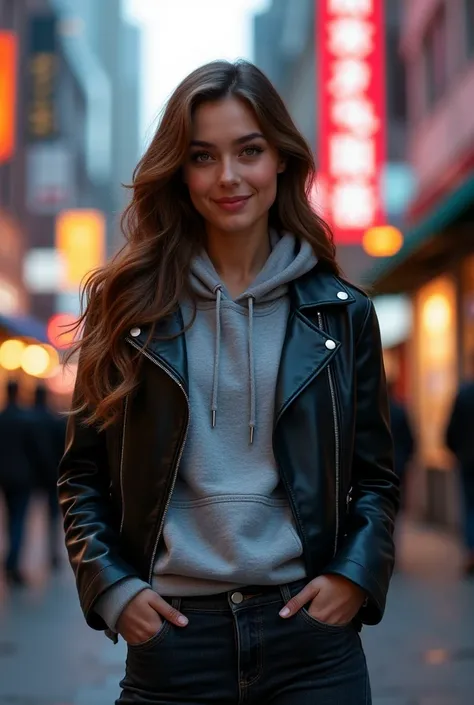 "Create a high-quality, realistic portrait of a young woman aged 20, standing on a bustling city street. She is wearing a stylish outfit: a black leather jacket, a grey hoodie, and dark jeans. She has a cool and confident expression, with warm, friendly ey...