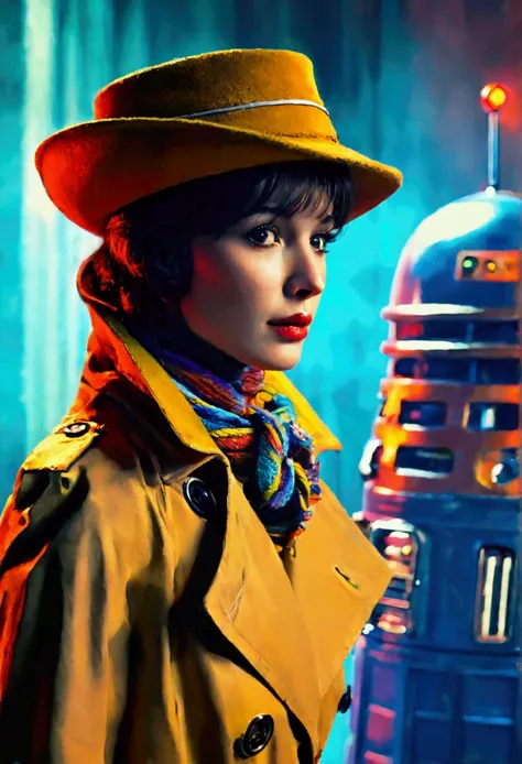 A cute woman in a plain brown trench coat and a colorful scarf (she is in the role of the fourth doctor Who), she is arrogantly speaking to a Dalek, 1970s sci fi alien world set,blue Tardis in corner
