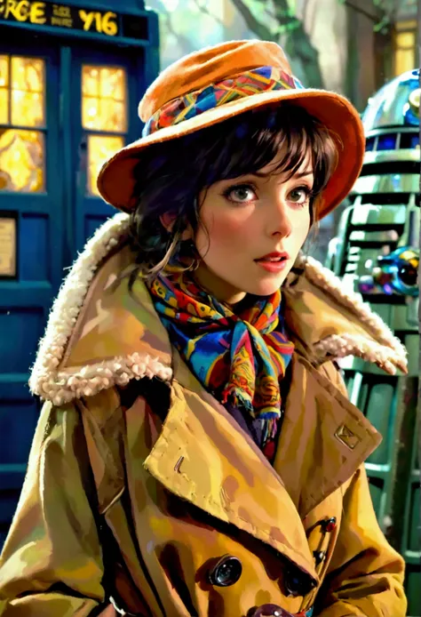 A cute woman in a plain brown trench coat and a colorful scarf (she is in the role of the fourth doctor Who), she is arrogantly speaking to a Dalek, 1970s sci fi alien world set,blue Tardis in corner
