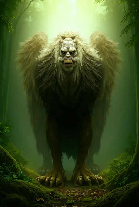  An elderly man hybrid with lion features (already) and eagle wings in a forest setting .