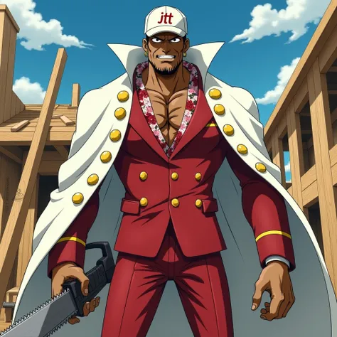  Please draw a character in the style of One Piece、Picture a dark-skinned, intimidating, muscular officer burnt by the sun when he was a former admiral,An officers white cloak with a high collar on his shoulders 、 wearing a white cloak with yellow decorati...