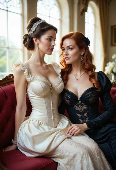 Highly detailed realistic oil painting, inspired by the works of John Singer Sargent and Edgar Degas, two beautiful Victorian women sitting on a luxurious sofa in elegant gowns with décolleté, intricate details of fabric and jewelry, soft lighting from a n...